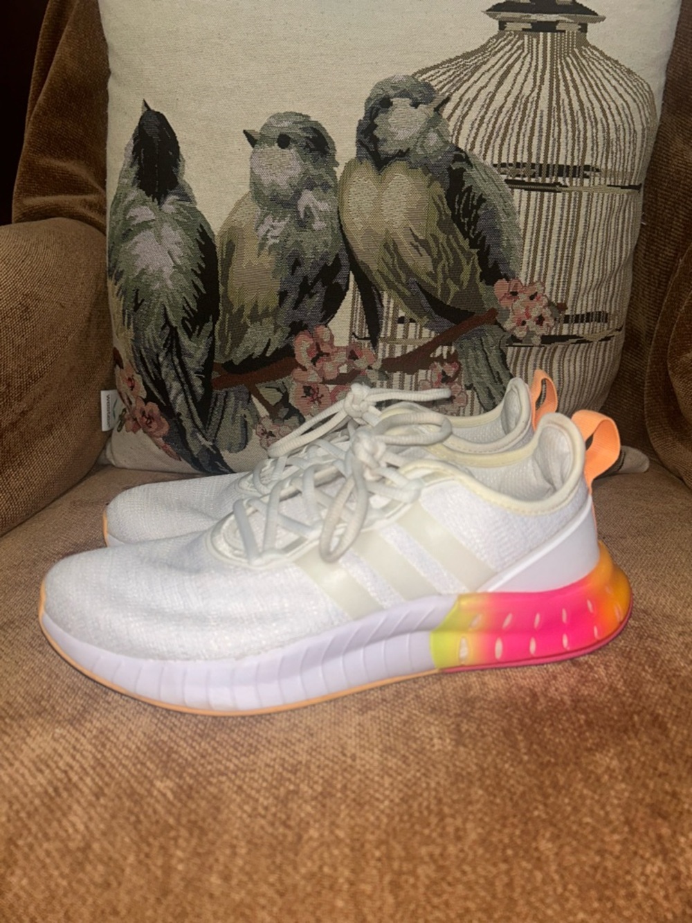 adidas White Sneakers with Neon Pink-Orange-Yellow Heel Accent Sz 7